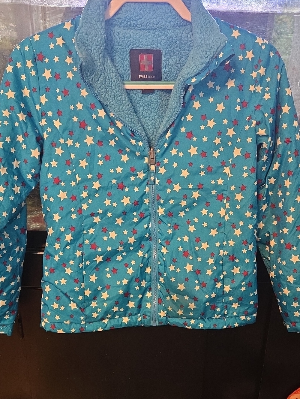 Swiss Tech Teal Star-Print Reversible Puffer Sherpa Jacket